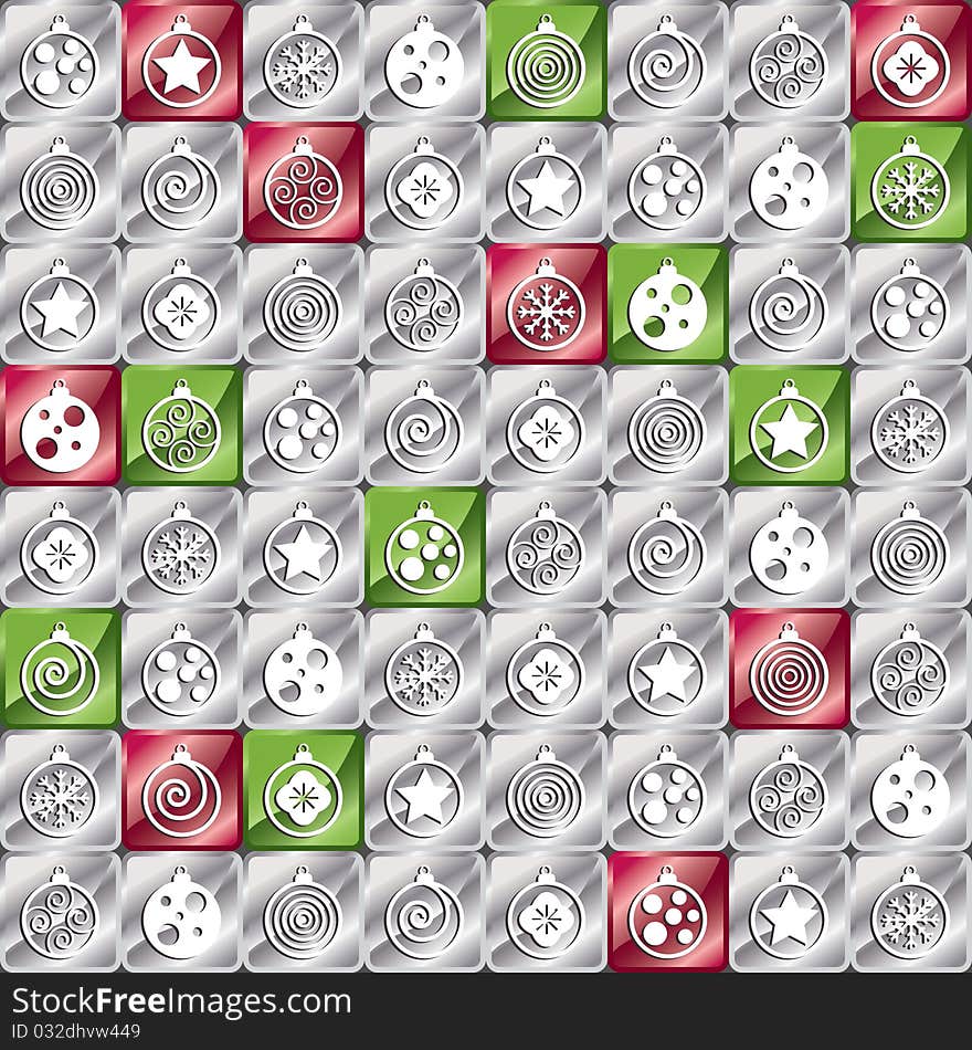 Seamless christmas pattern in red, green and silver with decorations