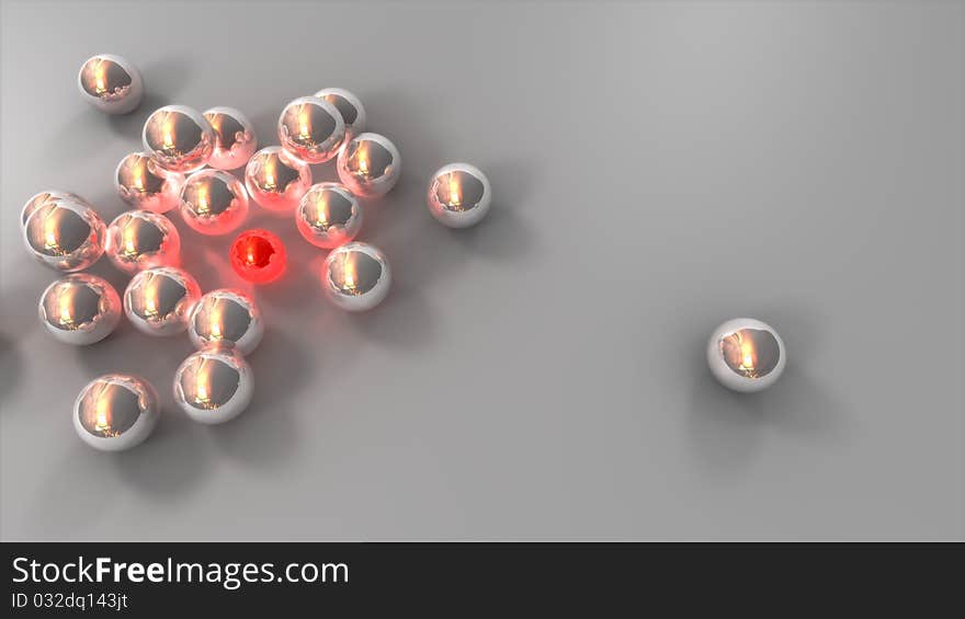 Silver balls all crowding around one red glowing ball. Silver balls all crowding around one red glowing ball.