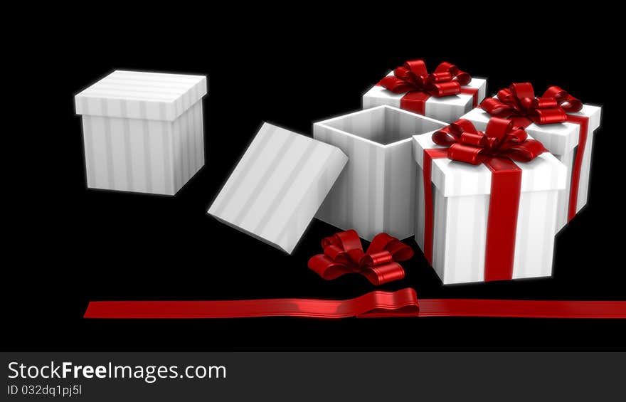 White and grey striped gift boxes in dark room with red ribbons. White and grey striped gift boxes in dark room with red ribbons