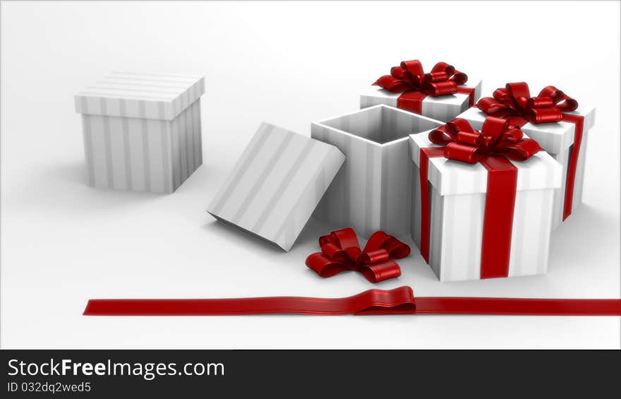 White and grey striped gift boxes in a bright room with red ribbons. White and grey striped gift boxes in a bright room with red ribbons