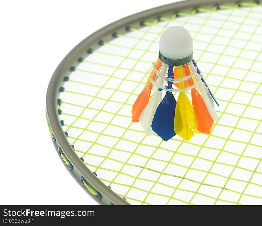 Colorful shuttlecock on badminton rackets