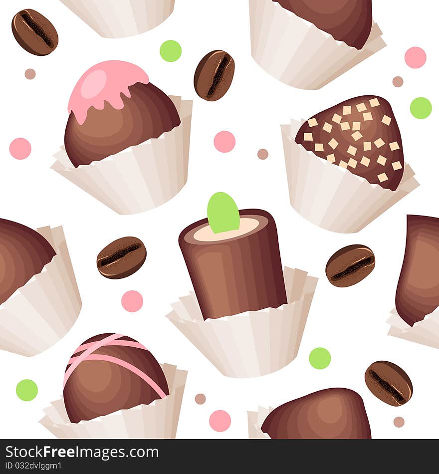 Seamless pattern with chocolate sweets and coffe beans