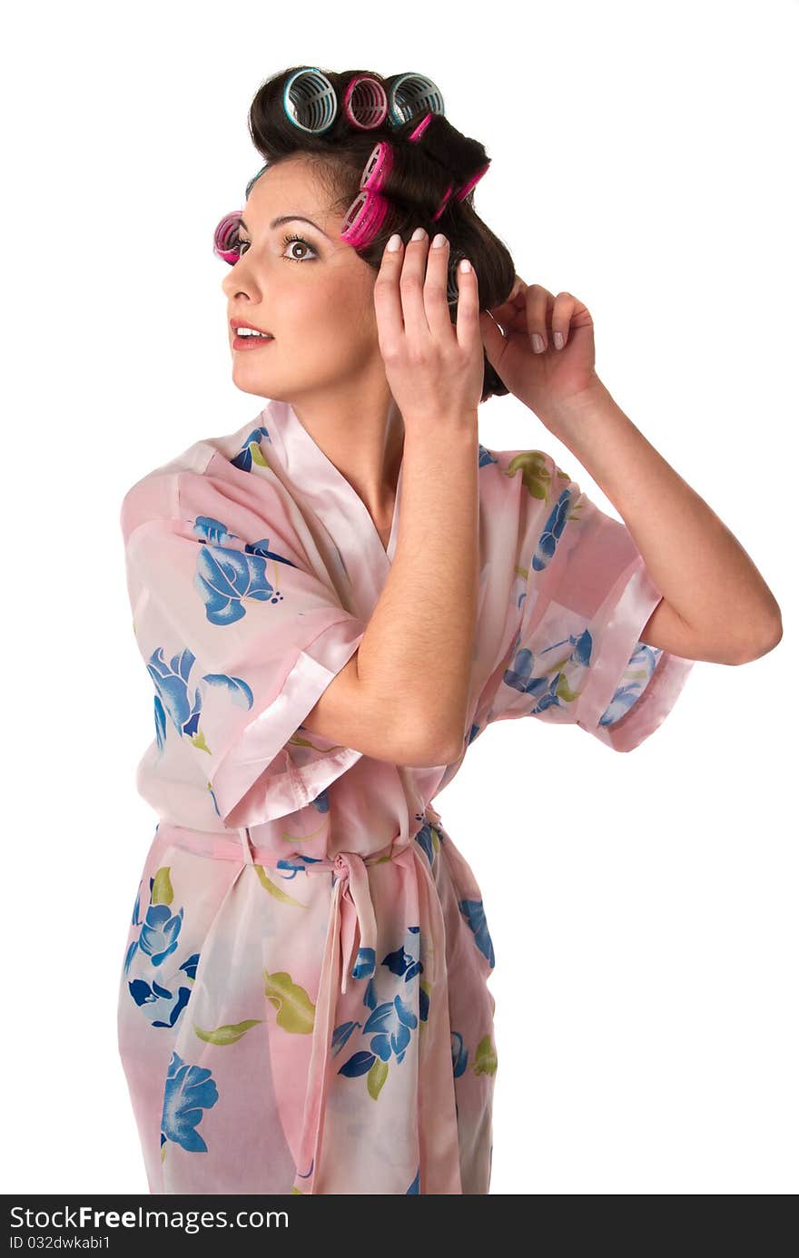 Woman is updo. isolated at white background