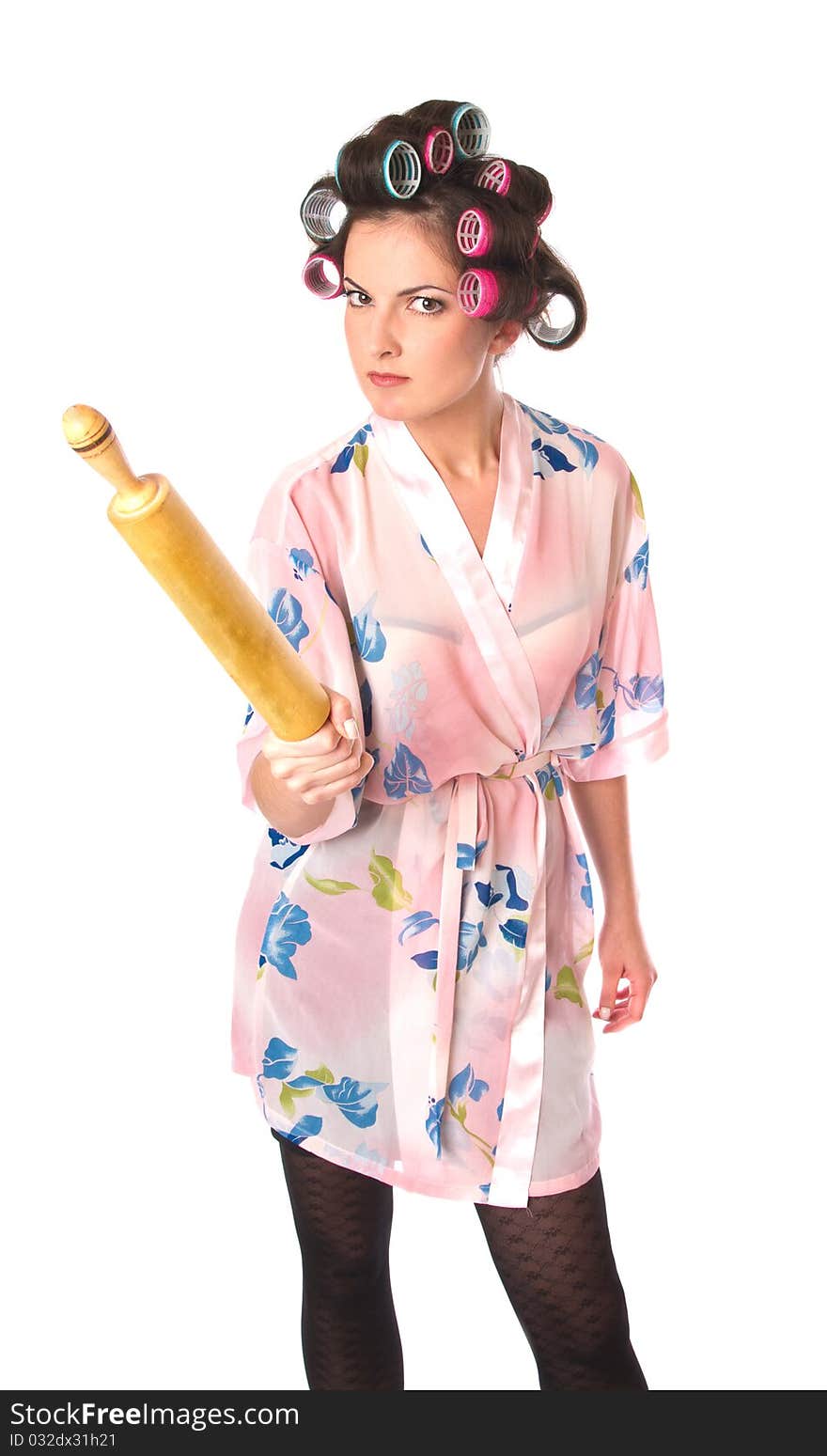 Housewife with plunger. Isolated at white background