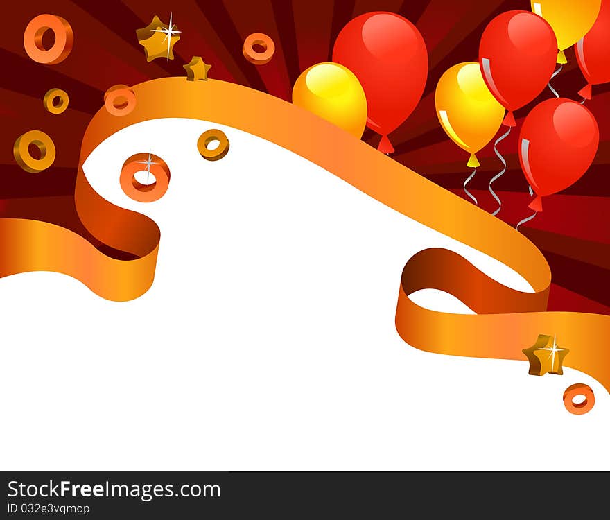 Festive greeting card with ribbon and balloons. Festive greeting card with ribbon and balloons