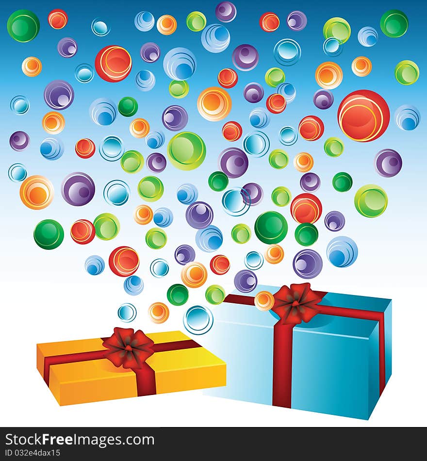 Gift packaging on a background of colored bubbles. Gift packaging on a background of colored bubbles.