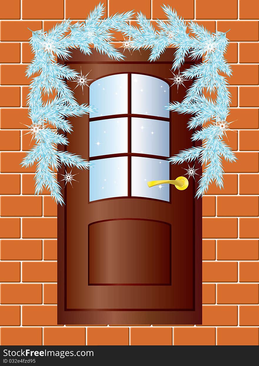 Brown door, decorated with pine branches against a brick wall. Brown door, decorated with pine branches against a brick wall.