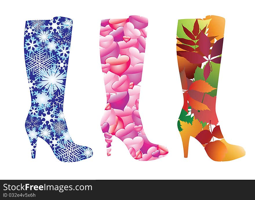 Women's boots, decorated with snowflakes, leaves and hearts. Women's boots, decorated with snowflakes, leaves and hearts.