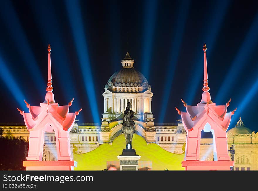 The Ananda Samakhom Throne Hall in Bangkok, with the Rama V statue in the foreground, during the celebration of the 83rd birthday of His Majesty King Bhumibol Adulyadej.