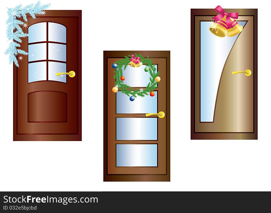 Three doors decorated with Christmas garland, boughs of pine and bells. Three doors decorated with Christmas garland, boughs of pine and bells.