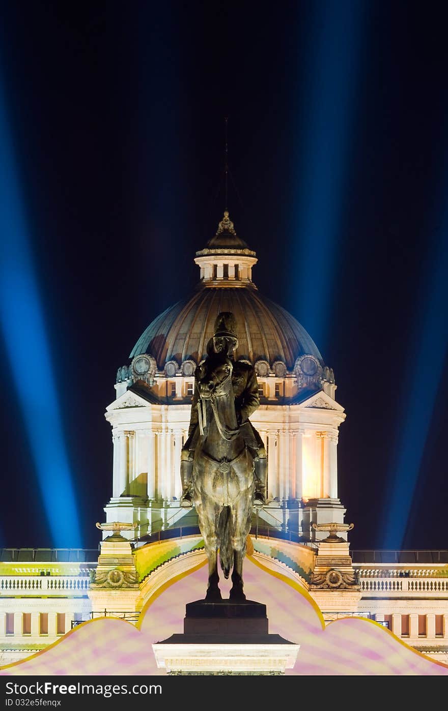 The Ananda Samakhom Throne Hall in Bangkok, with the Rama V statue in the foreground, during the celebration of the 83rd birthday of His Majesty King Bhumibol Adulyadej.