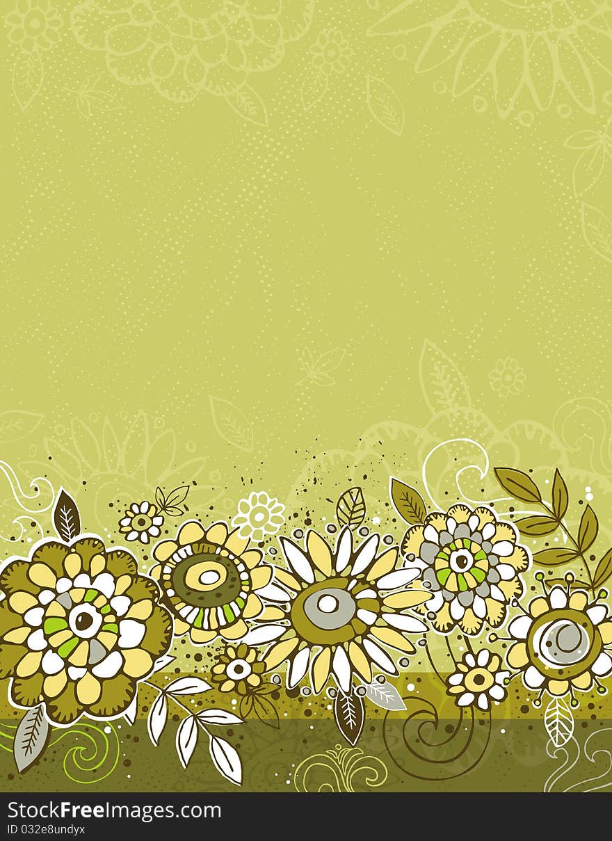 Hand draw  flowers on green  background,  illustration