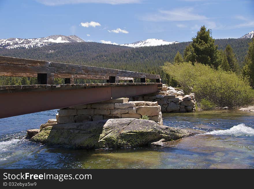 Closeup of bridge across Tuolumne River, near Soda Springs, Yosemite National Park, CA. Closeup of bridge across Tuolumne River, near Soda Springs, Yosemite National Park, CA