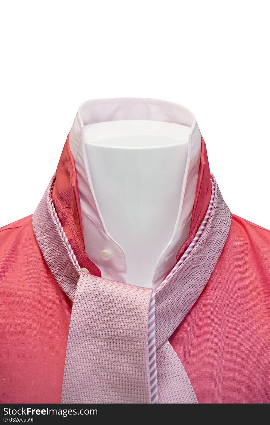 Collar of red shirt in the store with a pink tie. Collar of red shirt in the store with a pink tie