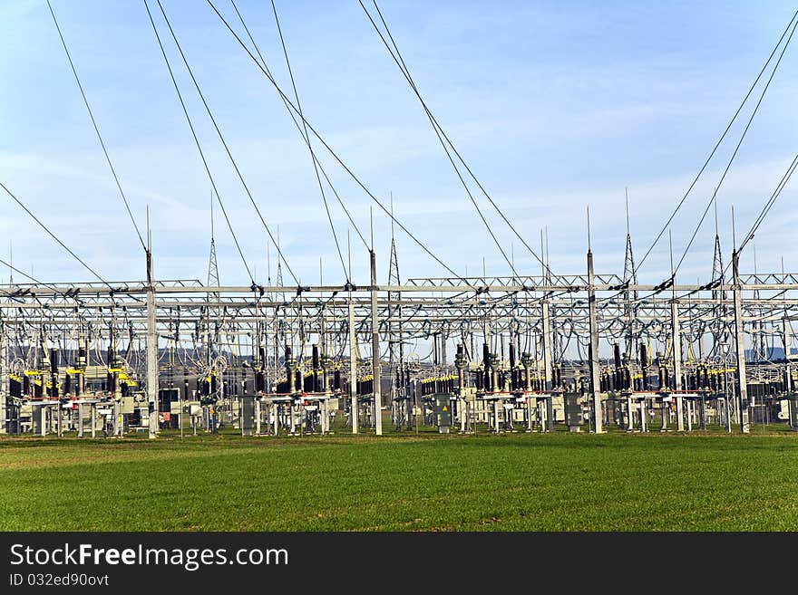 Electrical tower with sky