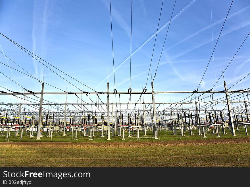 Electrical tower with sky