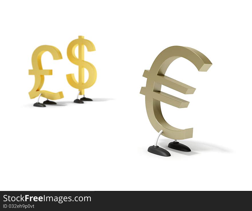 3d illustration of the euro being sad because the dollar and pound won't play with him