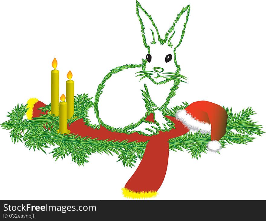 The white hare with a contour fur-tree needles congratulates on Christmas