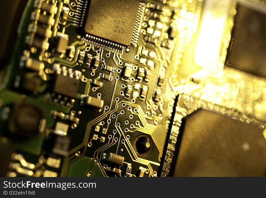 Close view detail of a circuit board with chips. Close view detail of a circuit board with chips.