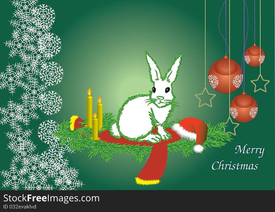 The white hare with a contour fur-tree needles congratulates on Christmas