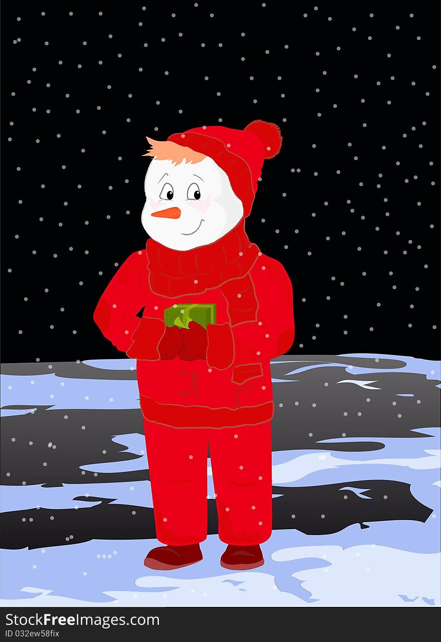 Illustration of cute snowman with gift