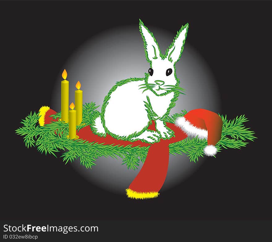 The white hare with a contour fur-tree needles congratulates on Christmas