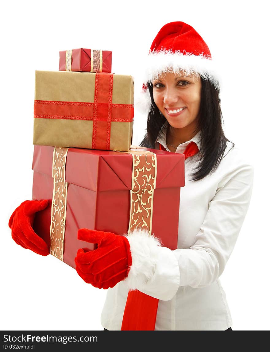 Smiling young woman with santa hat and red tie having gifts in her hands. Smiling young woman with santa hat and red tie having gifts in her hands