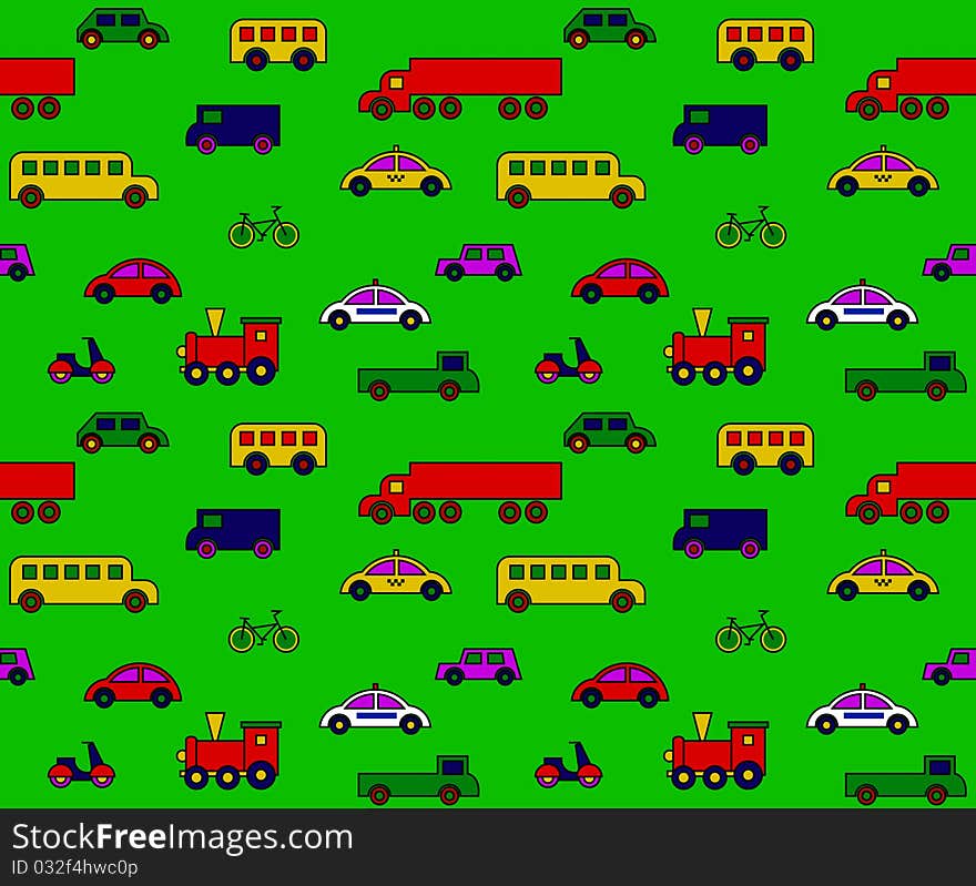 Transport on a green background, seamless pattern, vector. Transport on a green background, seamless pattern, vector