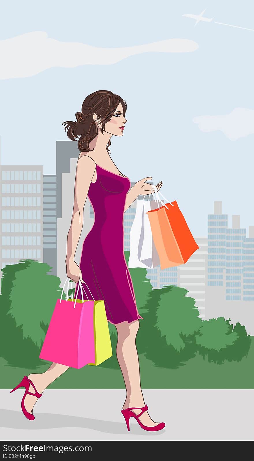 Beautiful young woman goes shopping day in the city. Beautiful young woman goes shopping day in the city