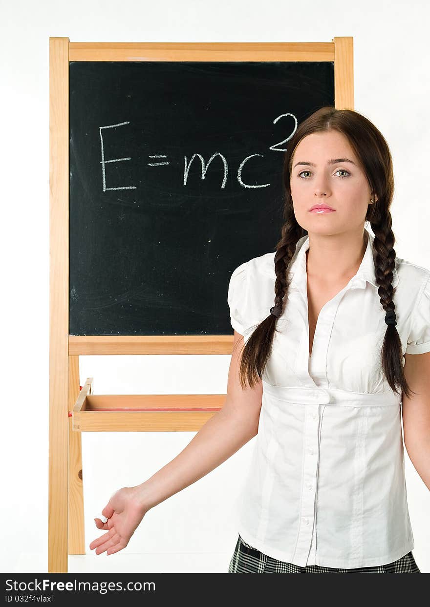 Young woman & blackboard