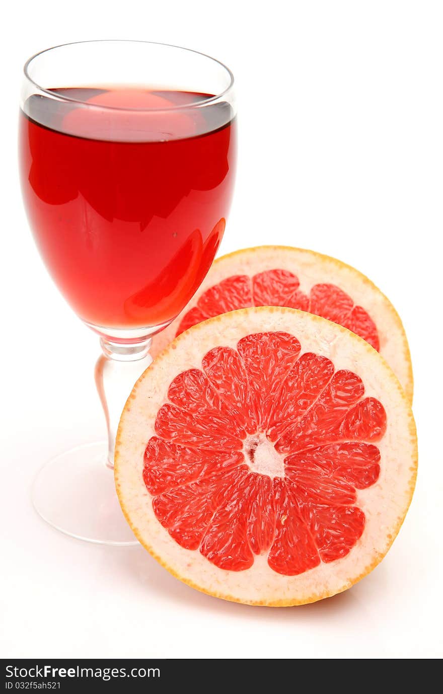 Ripe fruit and juice on a white background