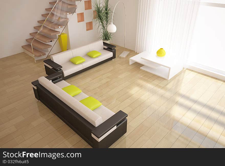 Modern room with colored furniture and stair