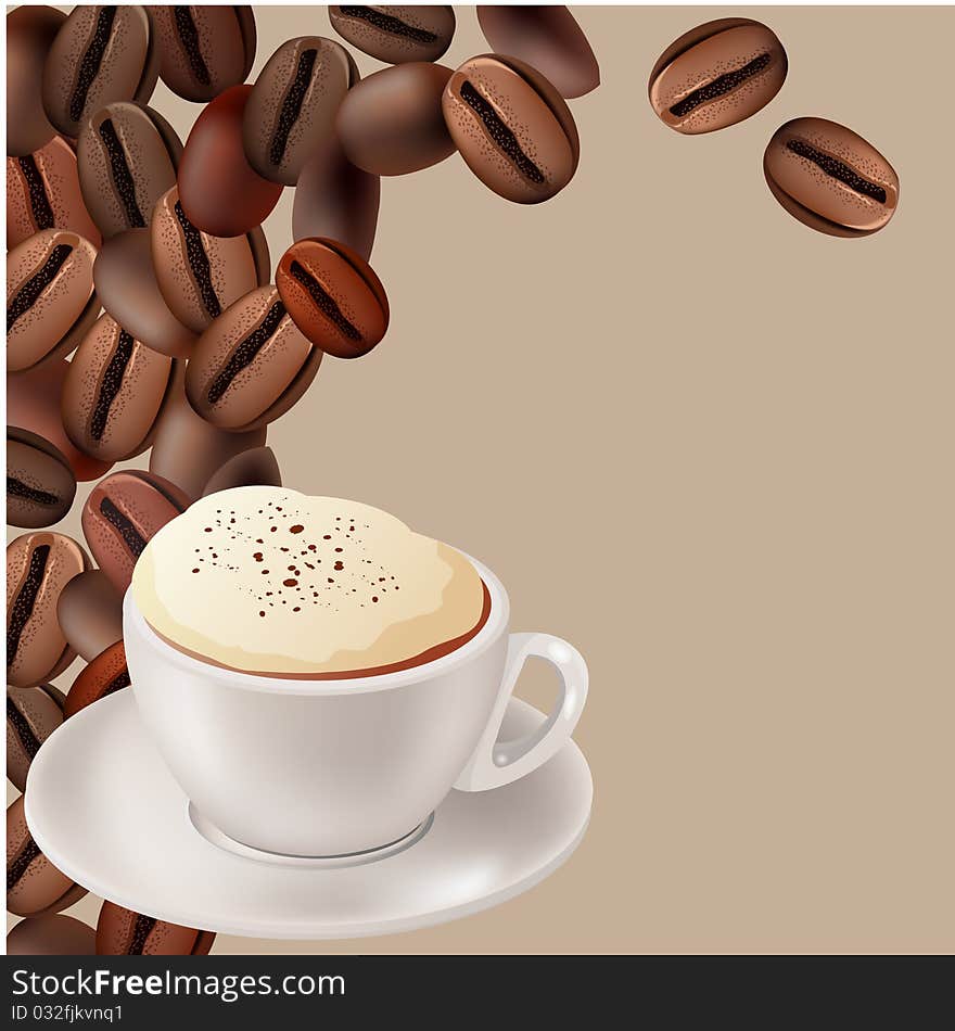 Coffee Beans And Cup Of Cappuccino