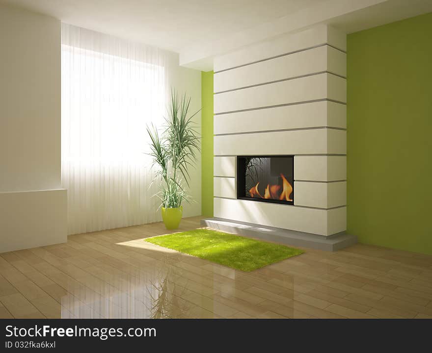 Green interior with fire