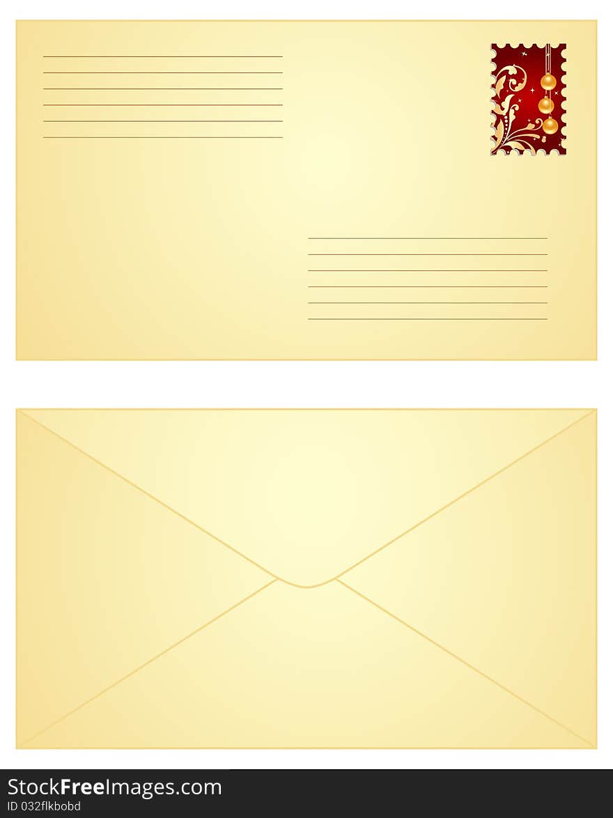 Yellow envelope with red Christmas stamp,  both sides. Vector illustration, isolated on a white. Yellow envelope with red Christmas stamp,  both sides. Vector illustration, isolated on a white.