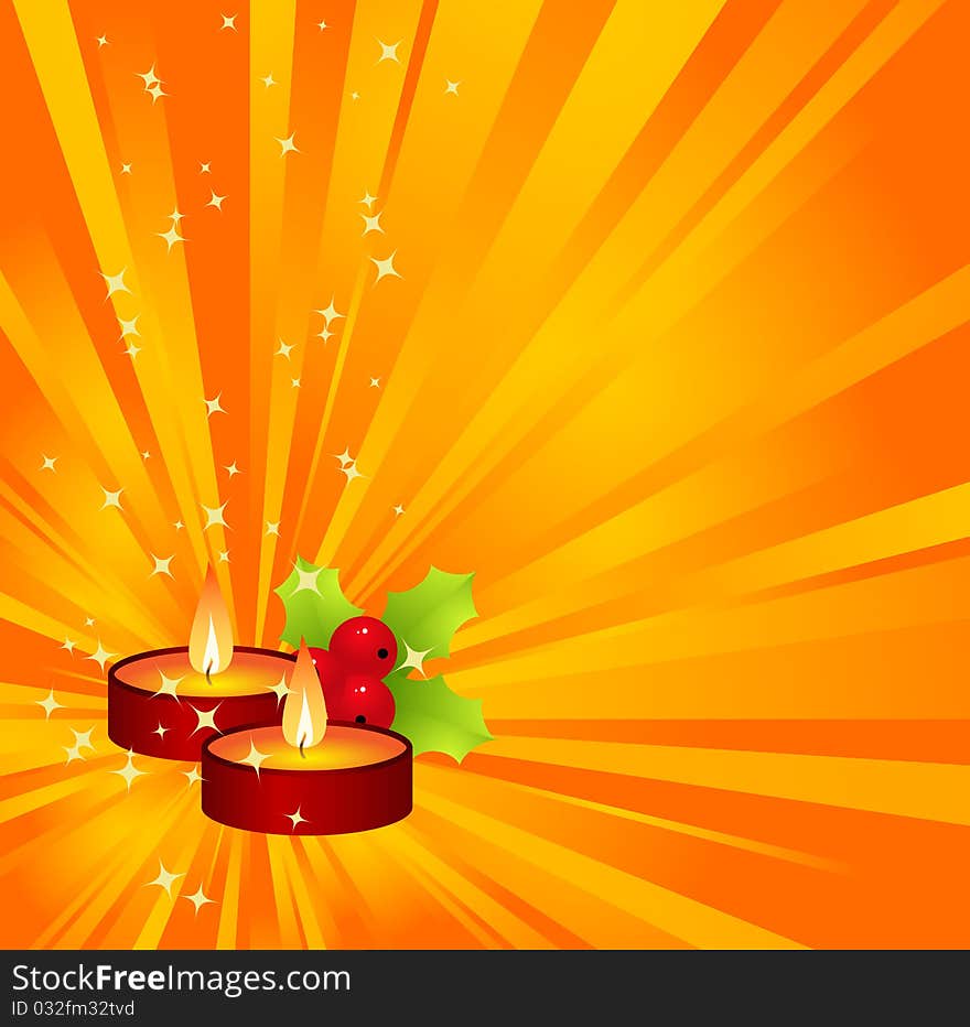 Orange christmas background with candles and holly berry. Vector illustration.