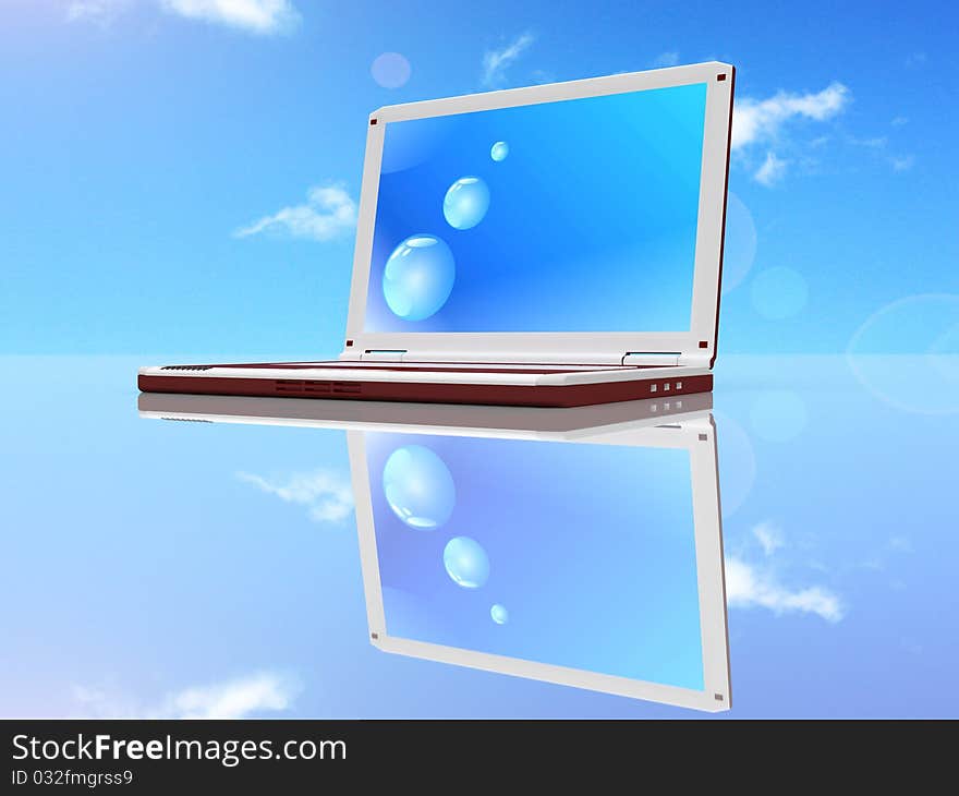 Composition with laptop computer on a blue background