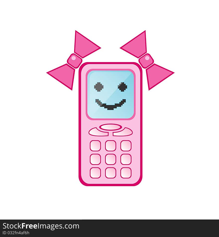 Vector illustration of girl mobile phone with smile face on the display and bows. Vector illustration of girl mobile phone with smile face on the display and bows