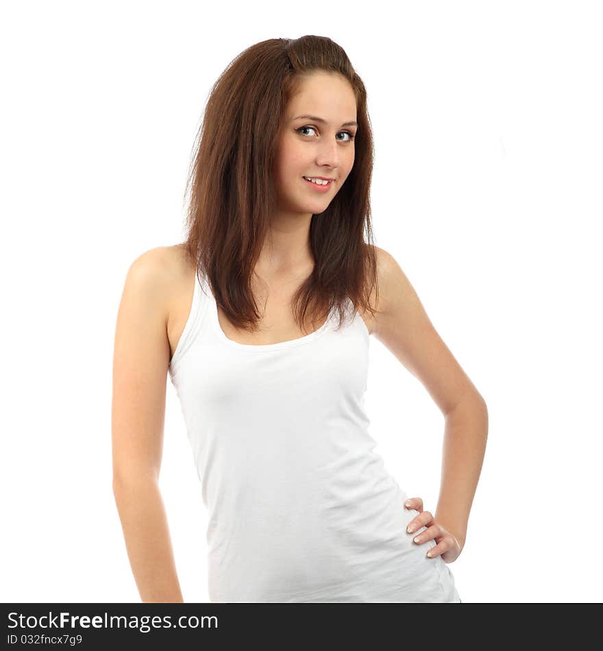 Portrait of young female smiling against white background. Portrait of young female smiling against white background