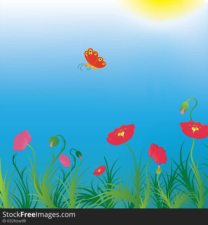 Background with poppies and red butterfly. Vector illustration.