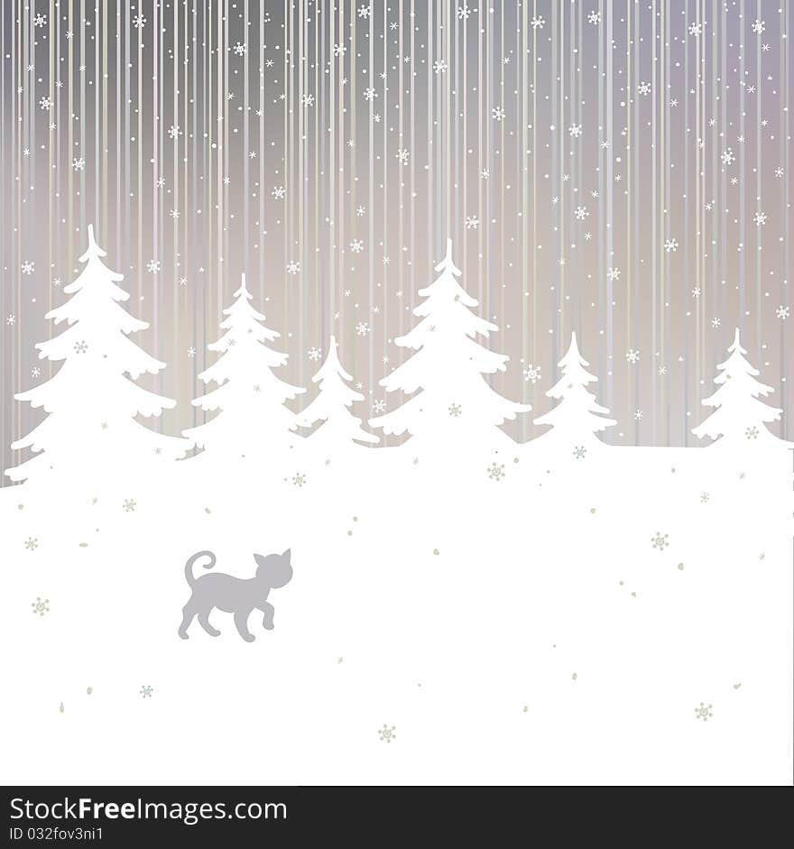 Christmas background with cat and winter tree