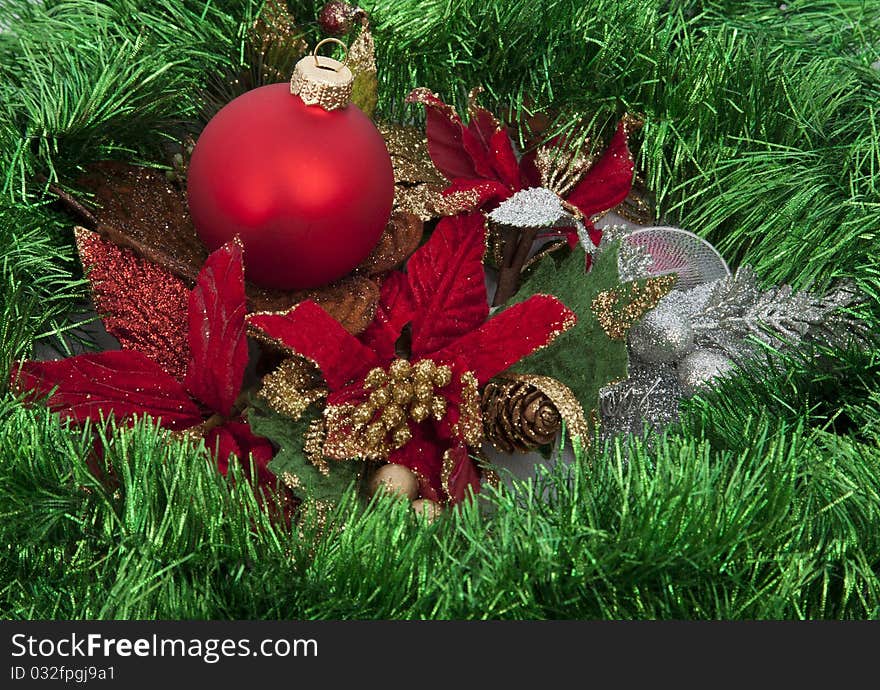 Christmas Red Ball On Green Decoration