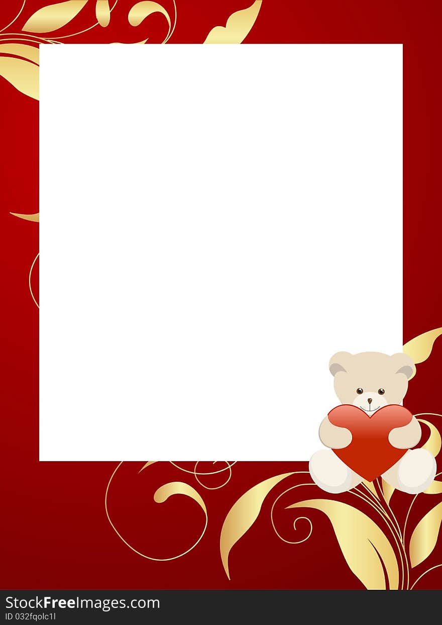 Red frame with gift bear and golden floral patterrn. Vector illustration, isolated on a white. Red frame with gift bear and golden floral patterrn. Vector illustration, isolated on a white.