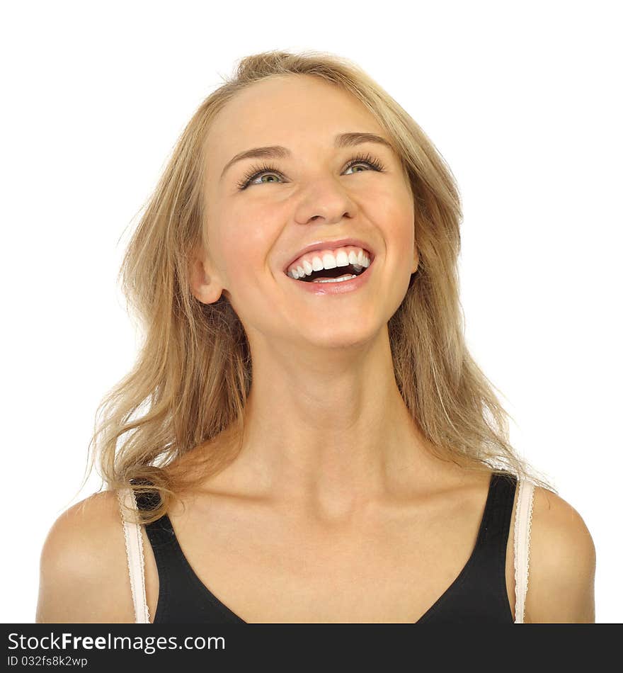 Portrait of a beautiful young woman, looking up.isolated background