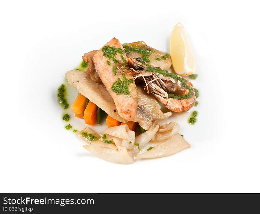 Grilled fish with seafood on white