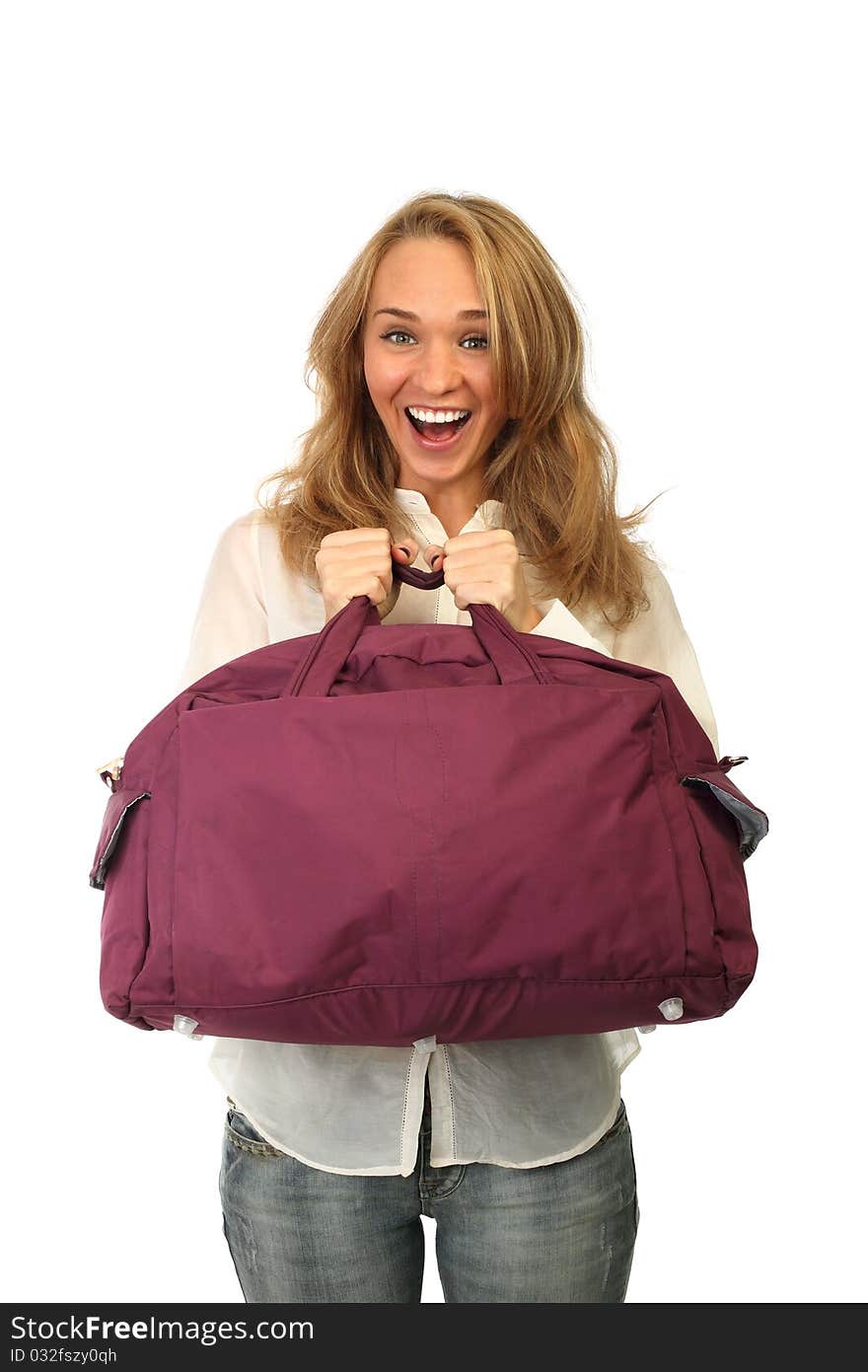 Young woman with big bag, isolated background.