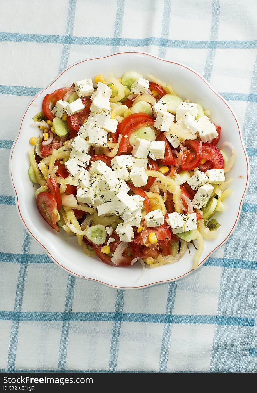 Salad With Feta Cheese, Tomato And Corn