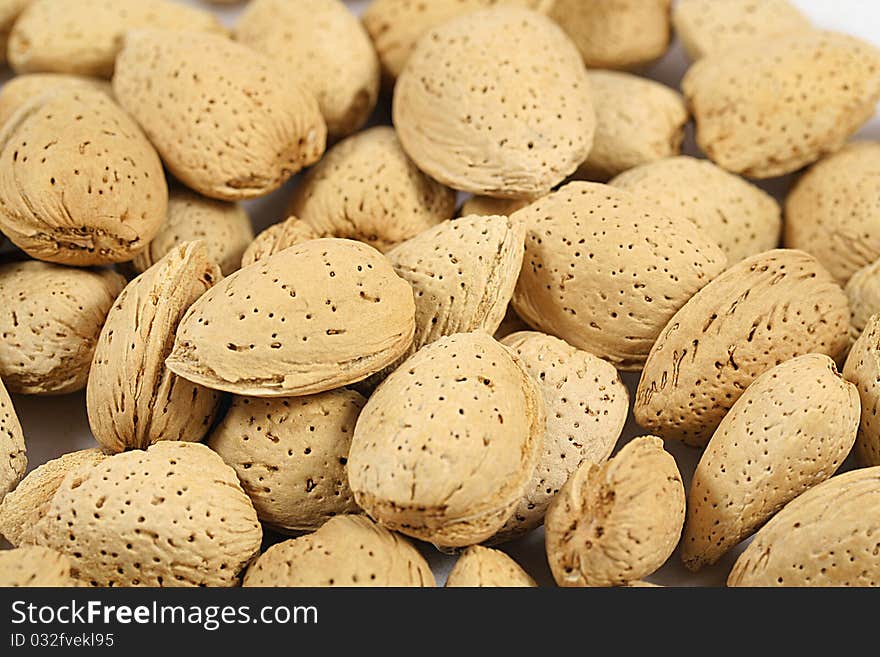 Close up of many almonds.