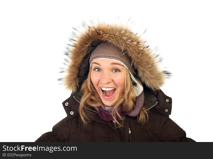 Portrait of one happy frozen  woman in winter coat  isolated background