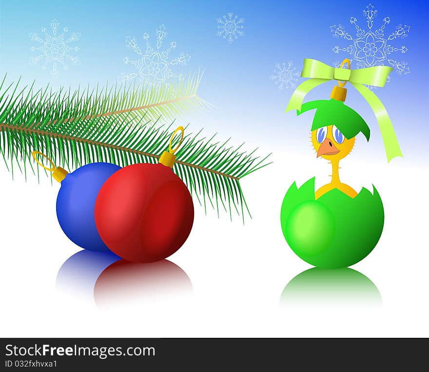 Chicken, Christmas toys and snowflakes are shown on the image. Chicken, Christmas toys and snowflakes are shown on the image.